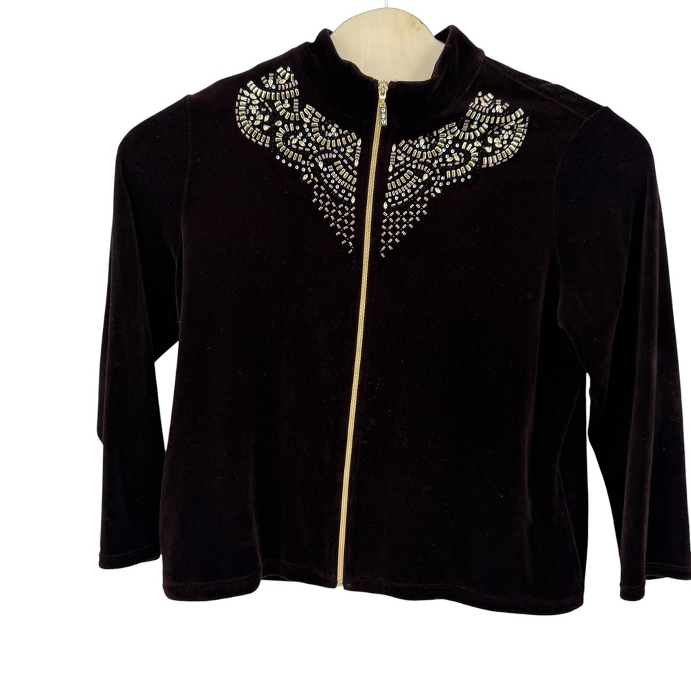 Zenergy by Chico's Velvet Jacket Women 3 Brown Stud Velour Zip Up Mock Neck XL